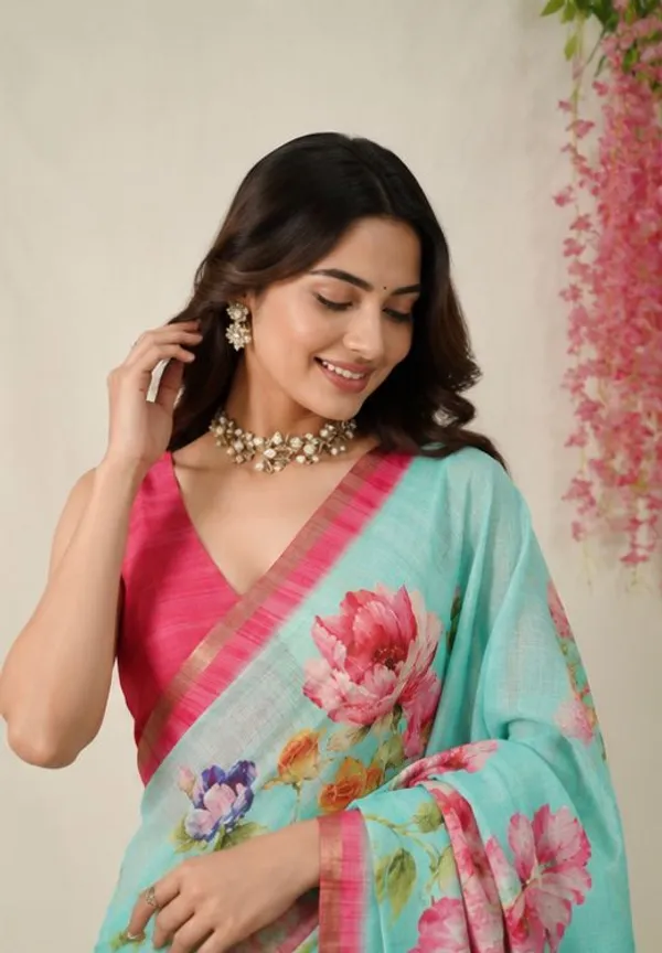 Aqua_Green_Pragathi_Linen_Cotton_Saree_with_Floral_Prints_for_Office_and_Casual_Wear