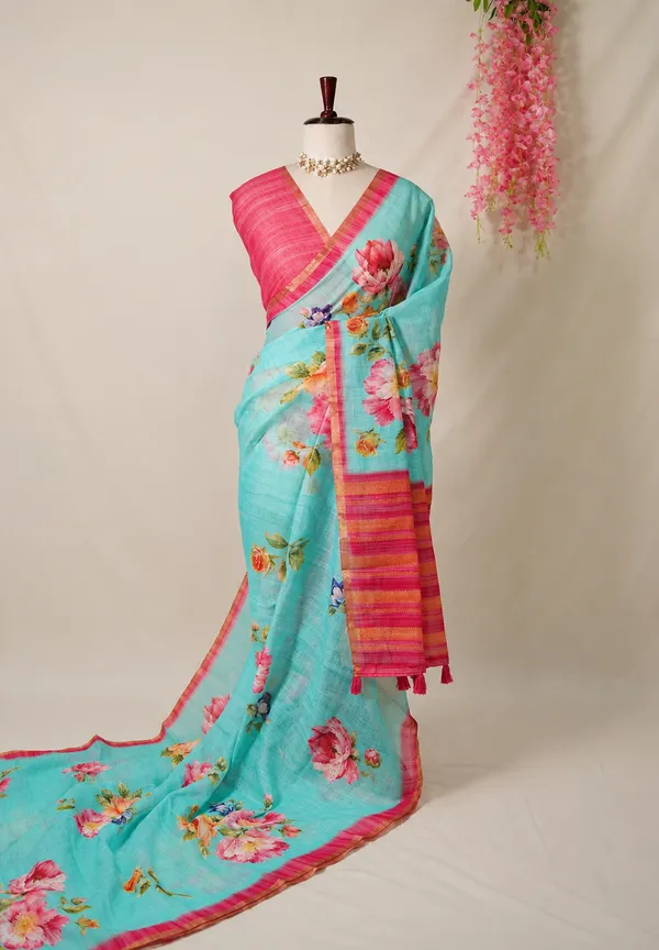 Aqua_Green_Pragathi_Linen_Cotton_Saree_with_Floral_Prints_for_Office_and_Casual_Wear