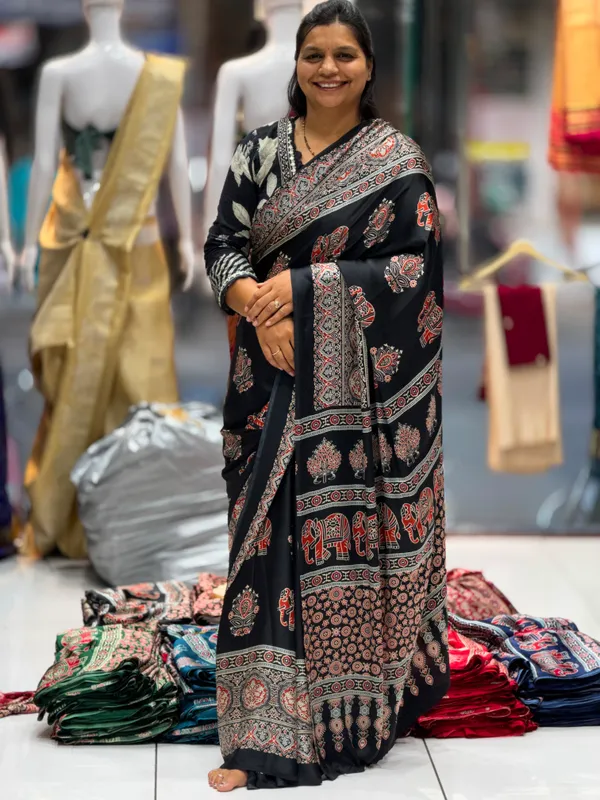 Beutifull_Gaji_Silk_Elephant_designer_Ajrakh_Sareee