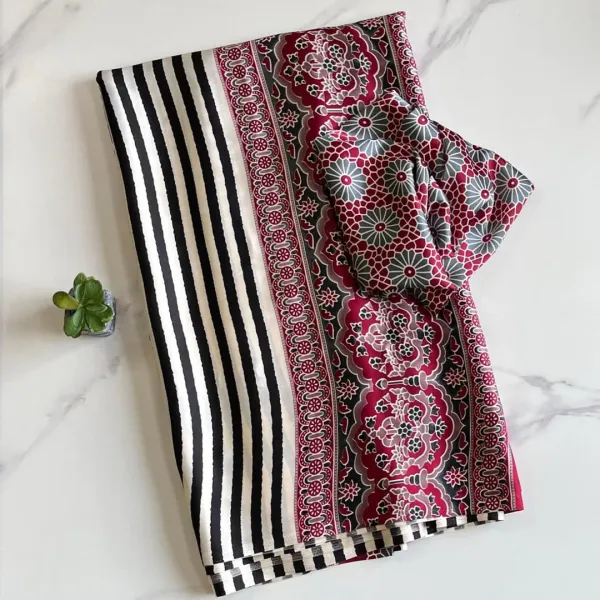 Cream_And_Black_Laheriya_Semi_Gaji_Silk_Ajrakh_Saree