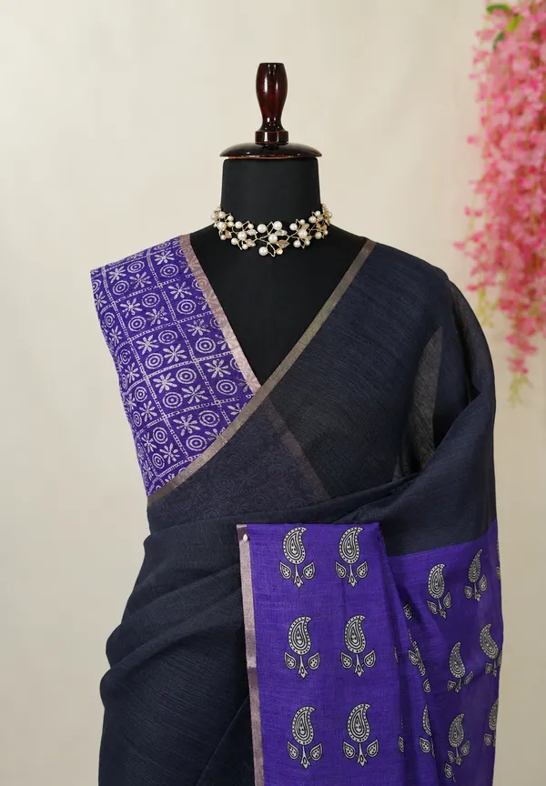 Classic_Black__Linen_Cotton_Plain_Saree_with_Contrast_Pallu_and_Blouse_-_Best_for_Office_Wear_|_Casual_Wear
