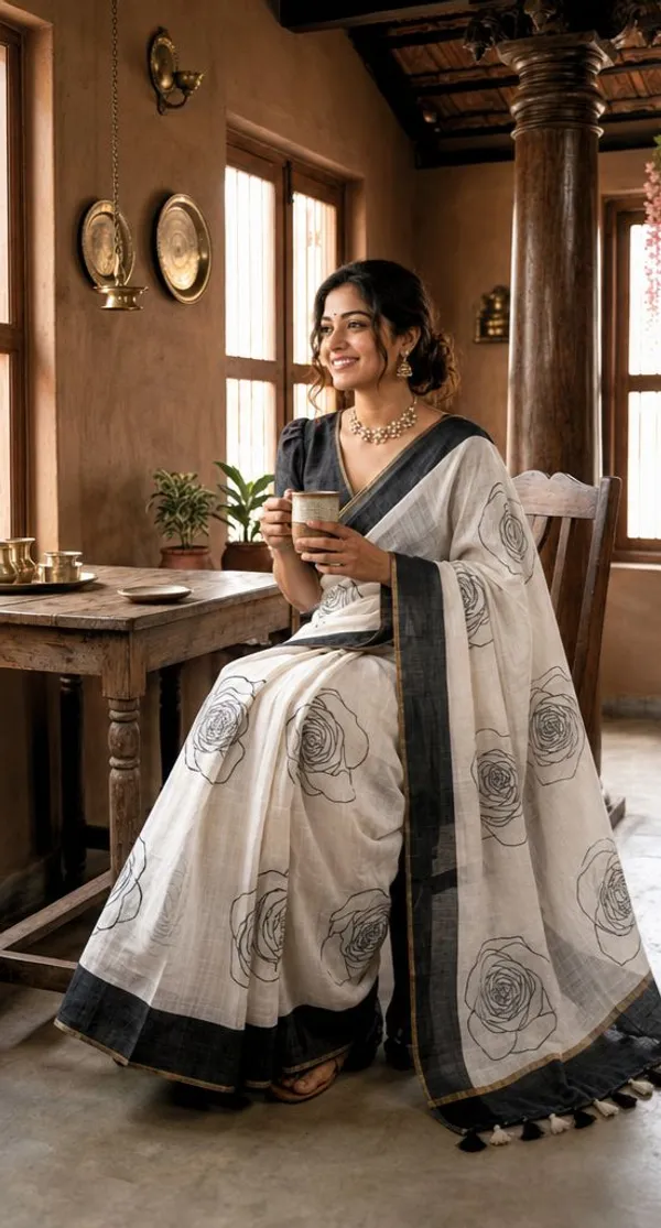 Ivory_White__Linen_Cotton_Saree_with_Big_Rose_Prints_-_Best_for_Office_Wear_|_Casual_Wear