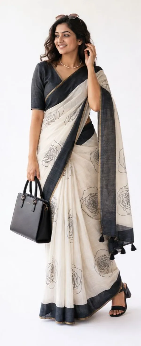 Ivory_White__Linen_Cotton_Saree_with_Big_Rose_Prints_-_Best_for_Office_Wear_|_Casual_Wear