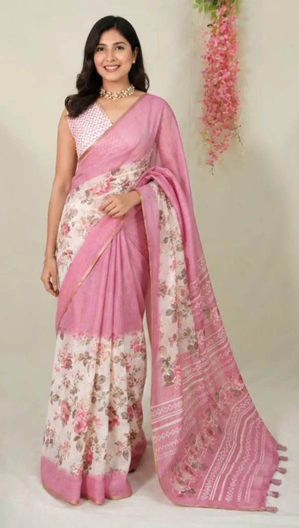 Onion_Mauve_Pink_Linen_Cotton_Saree_with_Floral_Prints_and_Contrast_Blouse