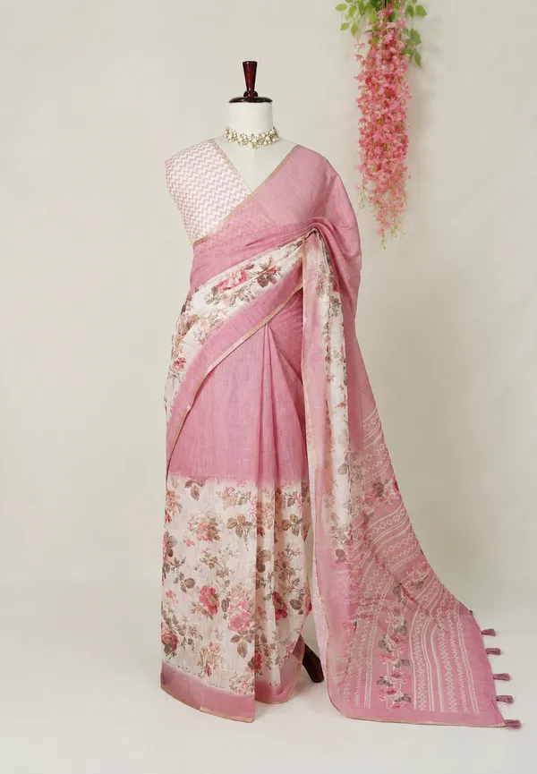 Onion_Mauve_Pink_Linen_Cotton_Saree_with_Floral_Prints_and_Contrast_Blouse