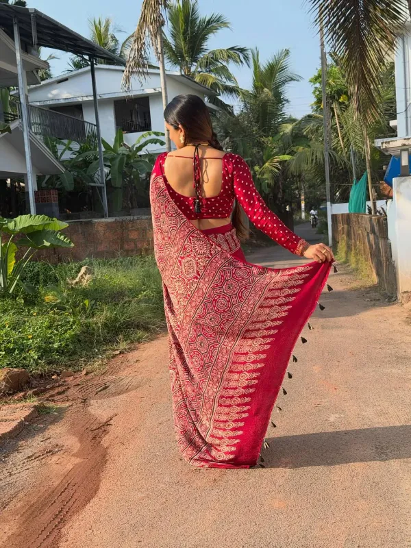 Pure_Red_Color_Ajrakh_Semi_Gaji_Silk_Saree_With_Rich_Pallu