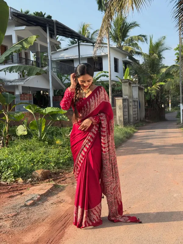Pure_Red_Color_Ajrakh_Semi_Gaji_Silk_Saree_With_Rich_Pallu