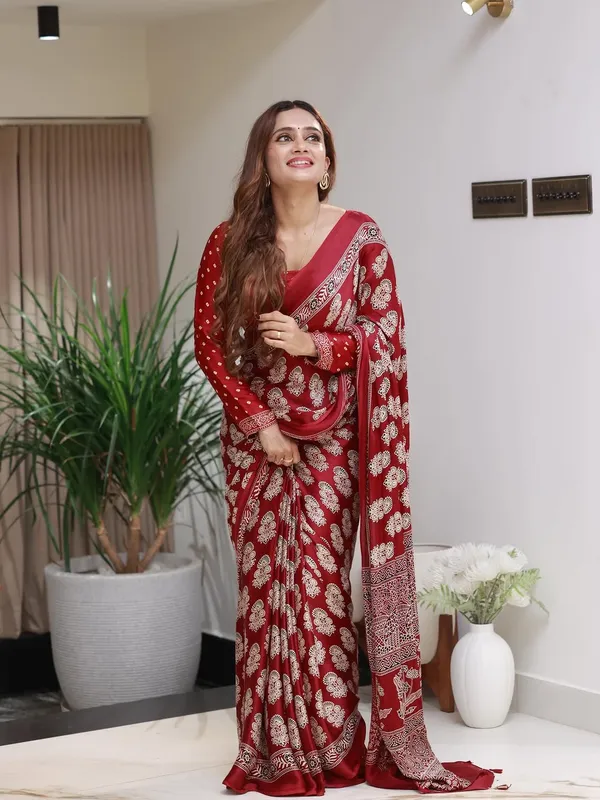 Red_Semi_Gaji_Silk_Saree_With_Ajrakh_Pallu_And_Printed_Border