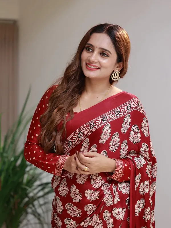 Red_Semi_Gaji_Silk_Saree_With_Ajrakh_Pallu_And_Printed_Border