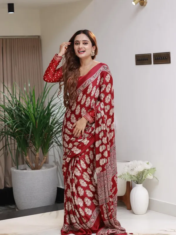 Red_Semi_Gaji_Silk_Saree_With_Ajrakh_Pallu_And_Printed_Border