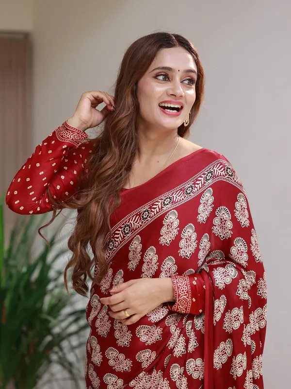Red_Semi_Gaji_Silk_Saree_With_Ajrakh_Pallu_And_Printed_Border
