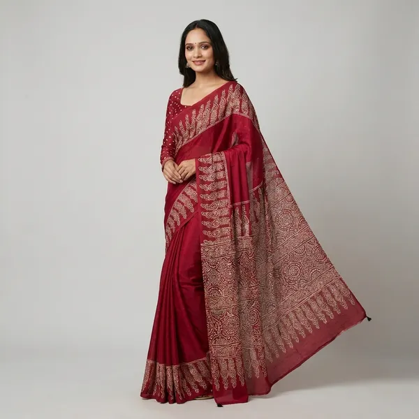 Pure_Red_Color_Ajrakh_Semi_Gaji_Silk_Saree_With_Rich_Pallu