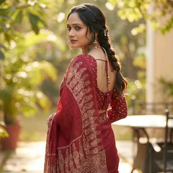 Pure_Red_Color_Ajrakh_Semi_Gaji_Silk_Saree_With_Rich_Pallu