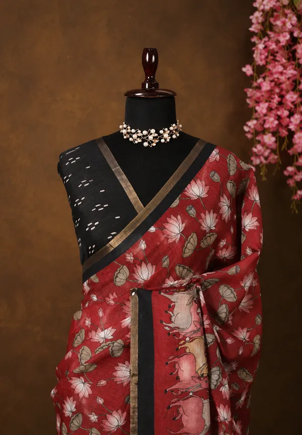 Reddish_Maroon_Linen_Cotton_Saree_with_Pichwai_Lotus_and_Cow_Prints_-_Perfect_for_Office_Wear_|_Summer_wear_|_Casual_Wear