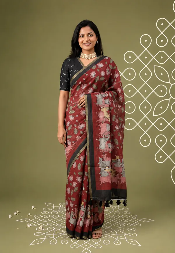 Reddish_Maroon_Linen_Cotton_Saree_with_Pichwai_Lotus_and_Cow_Prints_-_Perfect_for_Office_Wear_|_Summer_wear_|_Casual_Wear