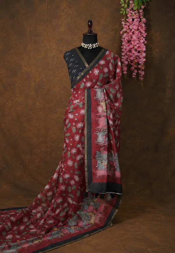 Reddish_Maroon_Linen_Cotton_Saree_with_Pichwai_Lotus_and_Cow_Prints_-_Perfect_for_Office_Wear_|_Summer_wear_|_Casual_Wear