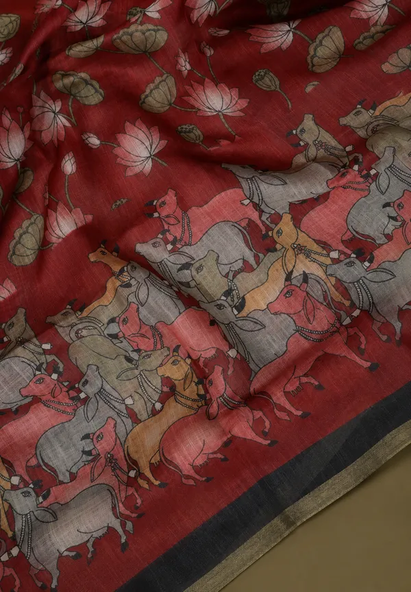 Reddish_Maroon_Linen_Cotton_Saree_with_Pichwai_Lotus_and_Cow_Prints_-_Perfect_for_Office_Wear_|_Summer_wear_|_Casual_Wear