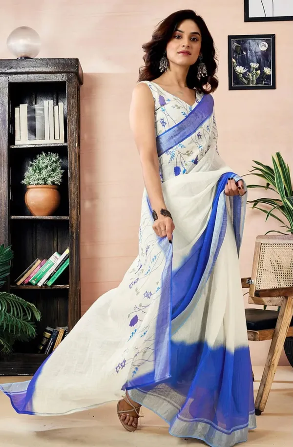 White_and_Blue_Handloom_Premium_Quality_Pure_Cotton_Block_Print_Saree_With_Running_Blouse_Piece