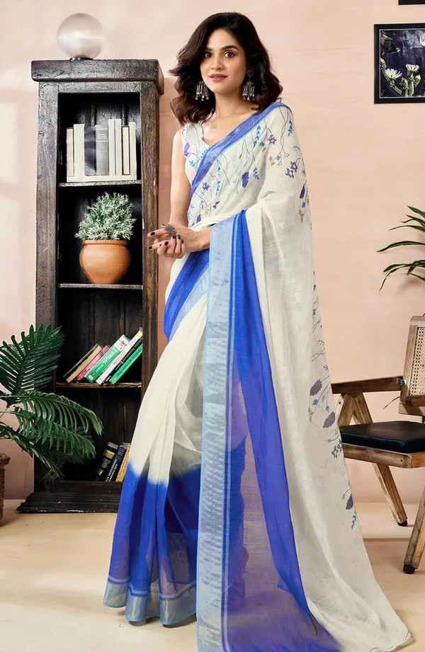 White_and_Blue_Handloom_Premium_Quality_Pure_Cotton_Block_Print_Saree_With_Running_Blouse_Piece