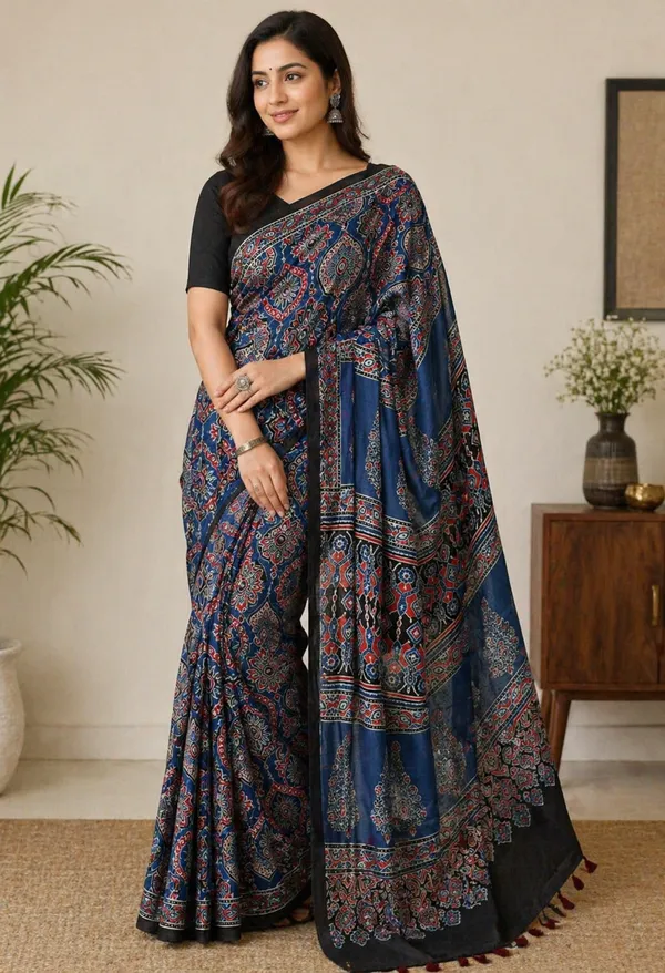 Blue_Ajrakh_Modal_Silk_Saree