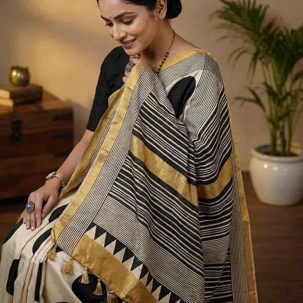 Ajrakh_Cream_And_Yellow_Modal_Silk_Saree