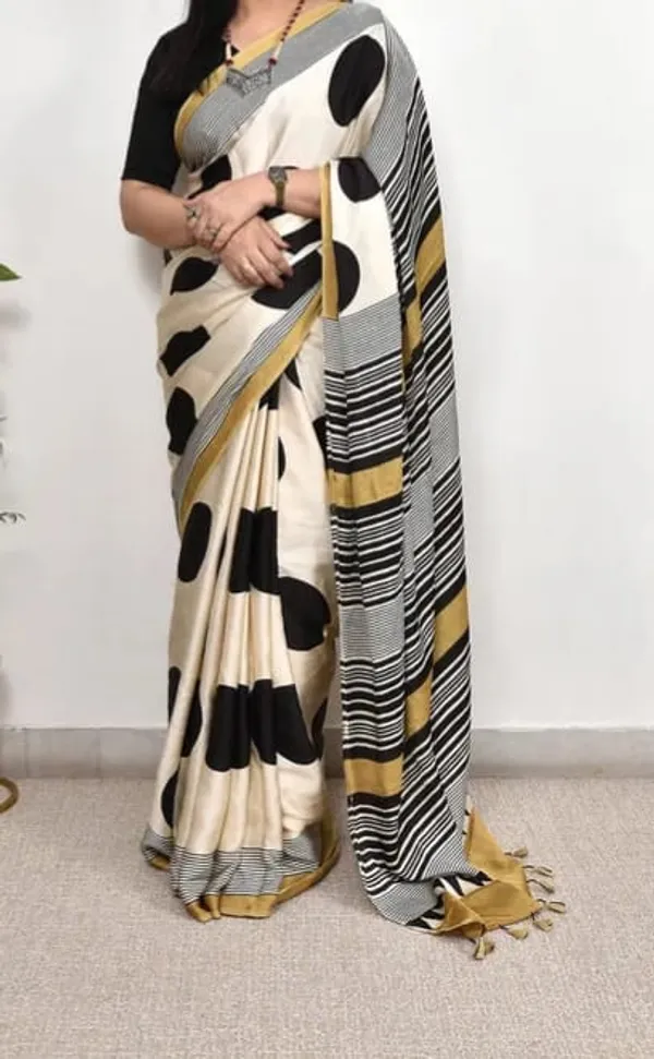 Ajrakh_Cream_And_Yellow_Modal_Silk_Saree