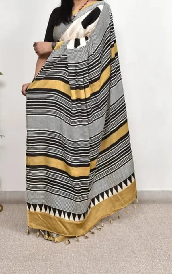 Ajrakh_Cream_And_Yellow_Modal_Silk_Saree