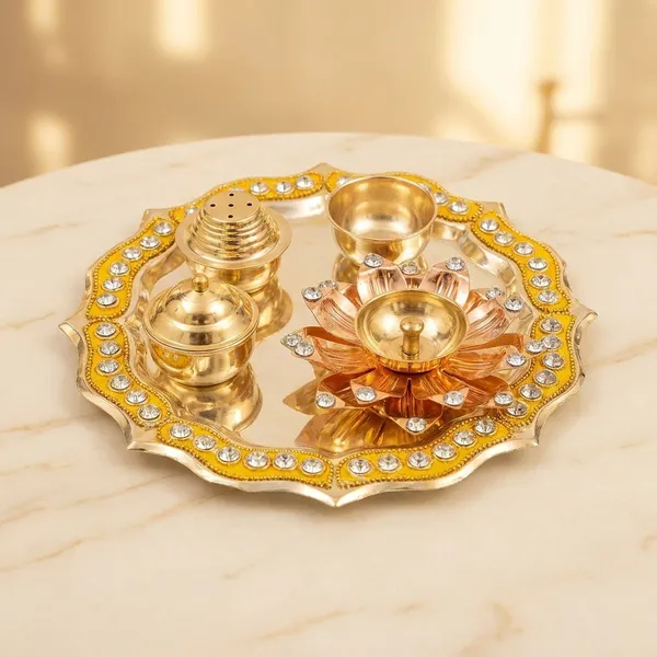 AAA_Quality_Brass_With_24_Carat_Gold_Plating_Premium_Pooja_Thali_Set_For_Pooja,_Meditation,_Worship,_Home_Decor