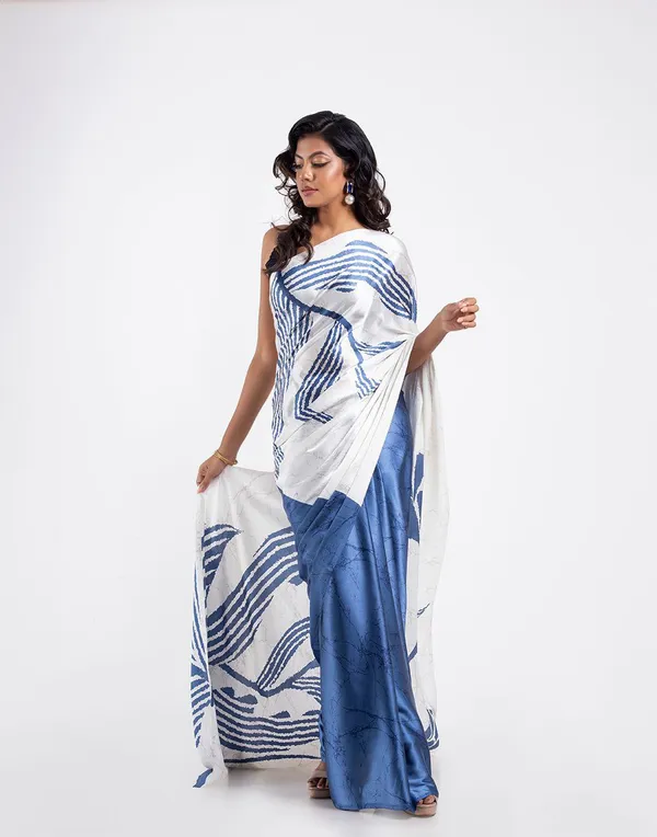 White_And_Blue_Modal_Silk_Saree_With_Blouse_For_Women