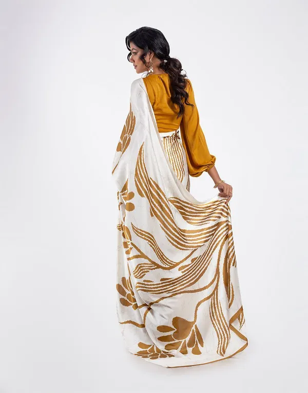 White_And_Mustard_Modal_Silk_Saree_With_Blouse_For_Women