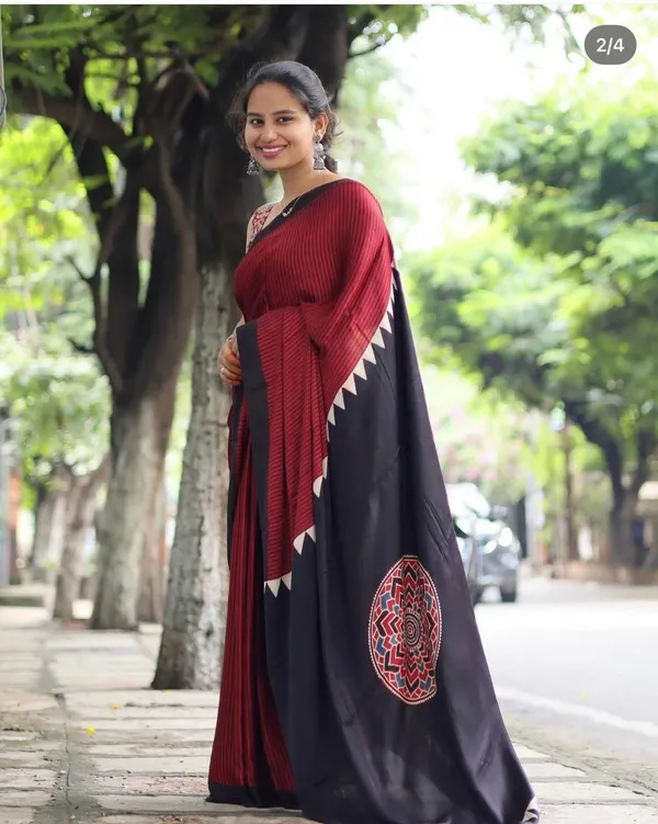 Red_And_Black_Modal_Silk_Saree_With_Blouse_For_Women