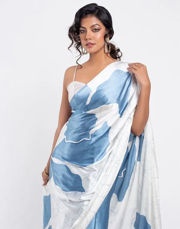 Blue_And_White_Modal_Silk_Saree_With_Blouse_For_Women