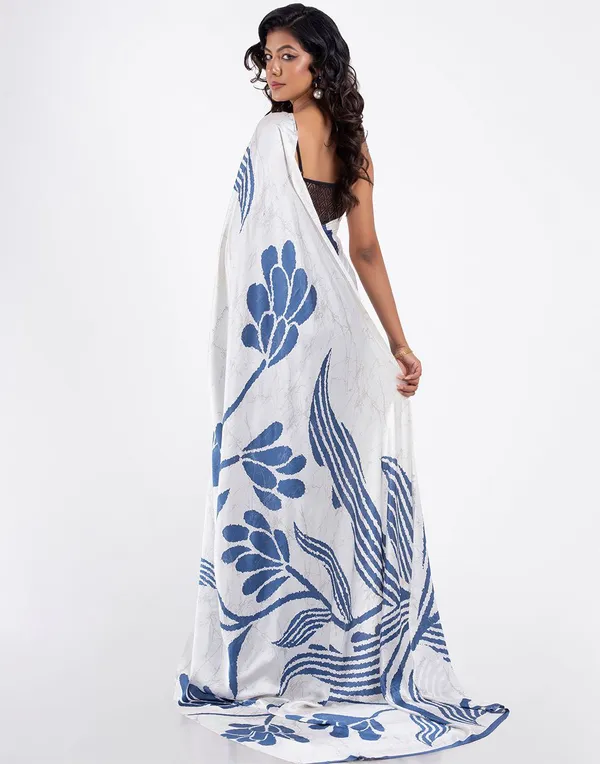 White_And_Blue_Modal_Silk_Saree_With_Blouse_For_Women