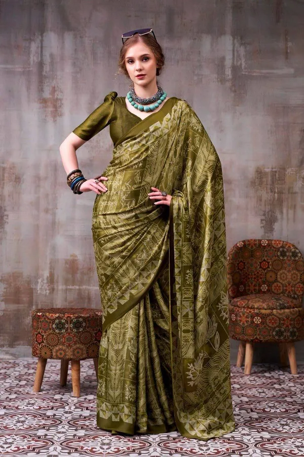 Olive_Green_Modal_Silk_Saree_With_Blouse_For_Women