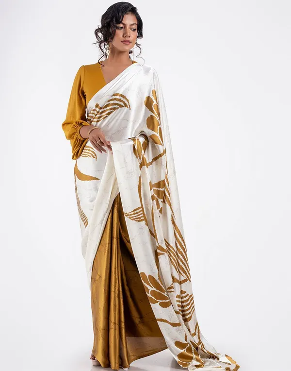 White_And_Mustard_Modal_Silk_Saree_With_Blouse_For_Women