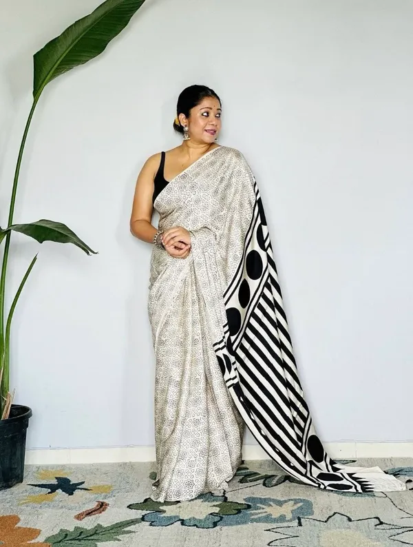 White_And_Black_Modal_Silk_Saree_With_Blouse_For_Women