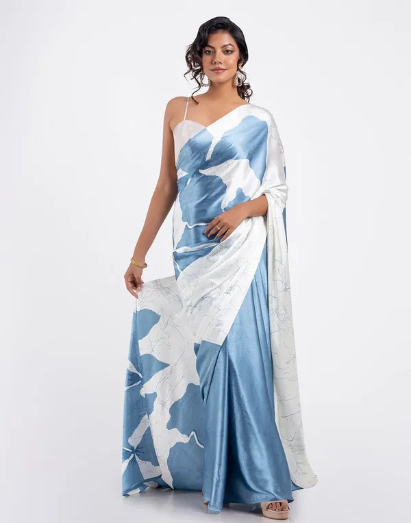 Blue_And_White_Modal_Silk_Saree_With_Blouse_For_Women