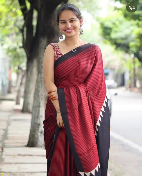 Red_And_Black_Modal_Silk_Saree_With_Blouse_For_Women
