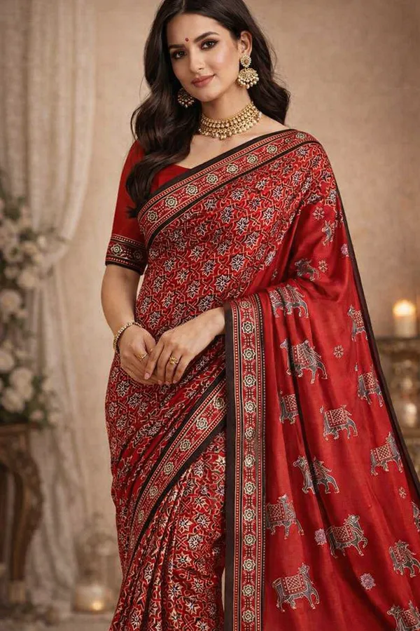 Red_Modal_Silk_Saree_With_Ajrakh_Print