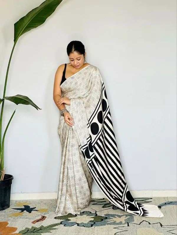 White_And_Black_Modal_Silk_Saree_With_Blouse_For_Women