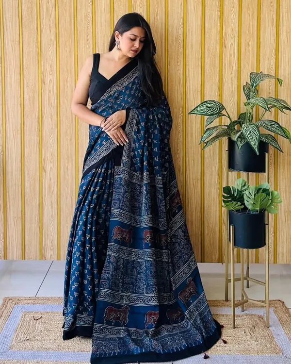 Navy_Blue_Modal_Silk_Saree_With_Blouse_For_Women