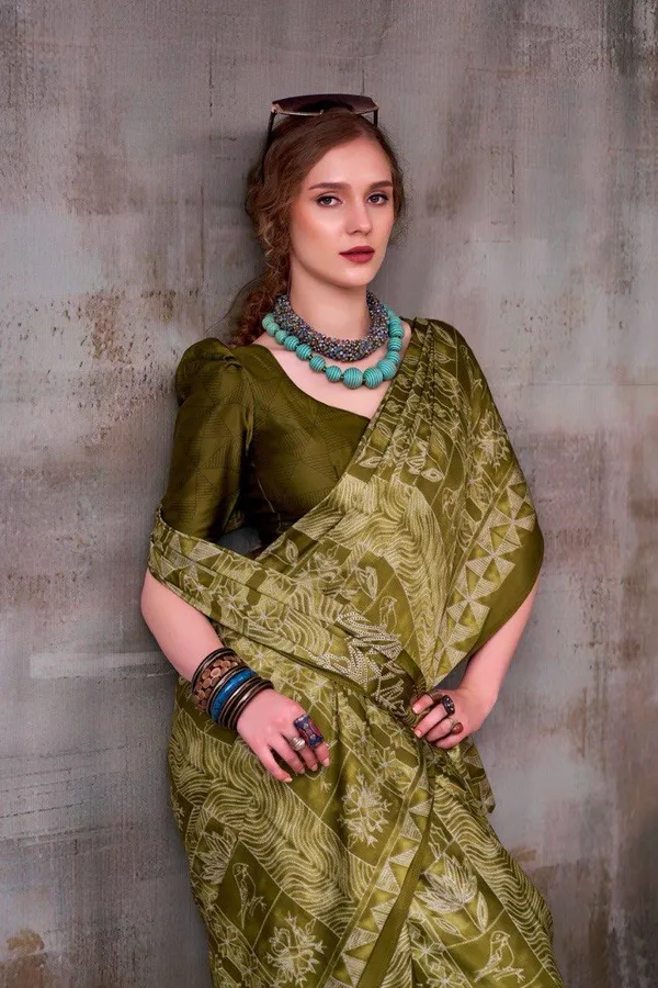 Olive_Green_Modal_Silk_Saree_With_Blouse_For_Women