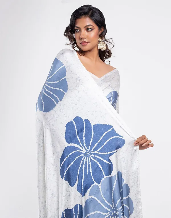 White_And_Blue_Modal_Silk_Saree_With_Blouse_For_Women