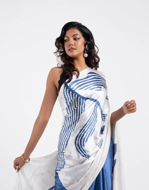 White_And_Blue_Modal_Silk_Saree_With_Blouse_For_Women