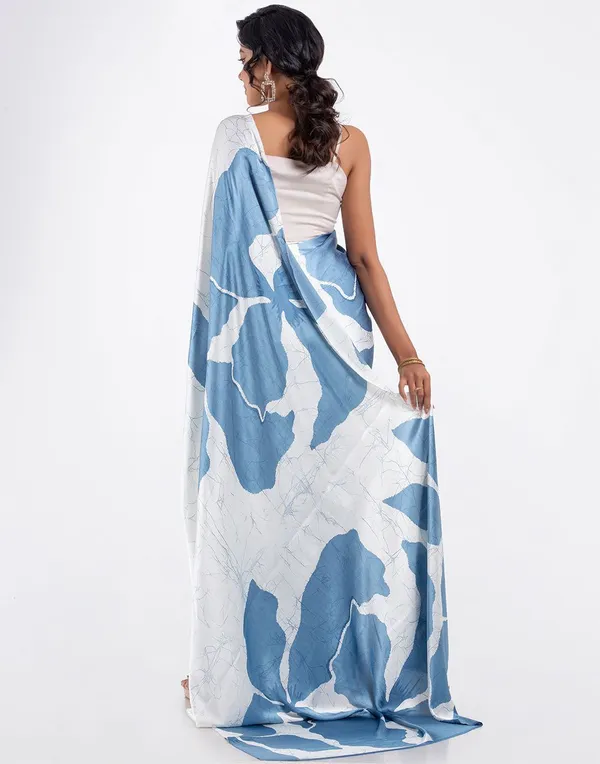 Blue_And_White_Modal_Silk_Saree_With_Blouse_For_Women