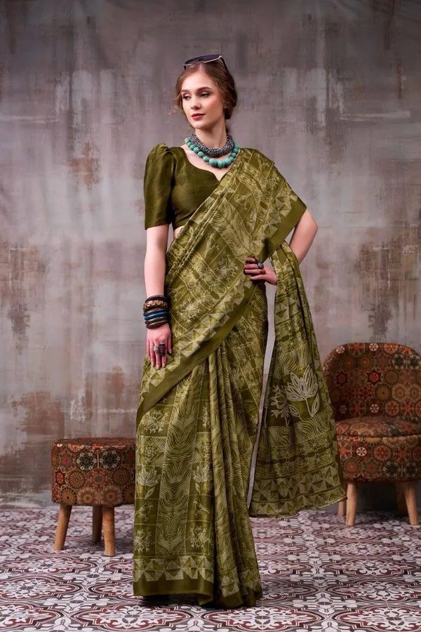 Olive_Green_Modal_Silk_Saree_With_Blouse_For_Women