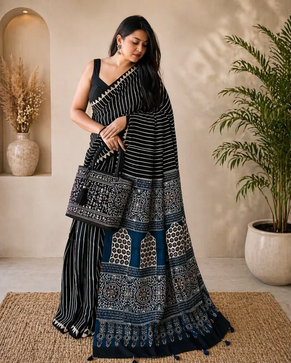 Black_And_Blue_Modal_Silk_Saree_With_Blouse_For_Women