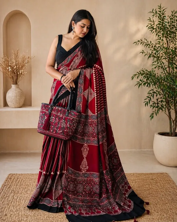 Maroon_And_Black_Modal_Silk_Saree_With_Blouse_For_Women