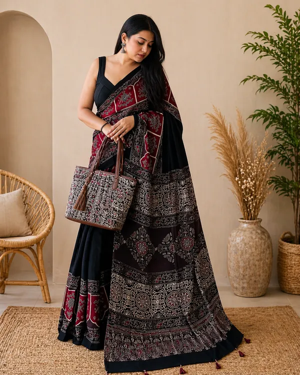 Black_And_Red_Modal_Silk_Saree_With_Blouse_For_Women