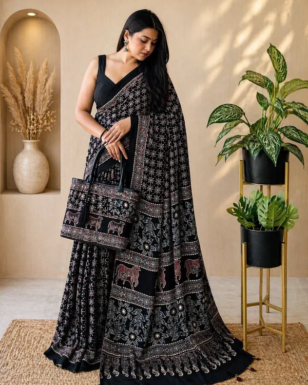 Black_Modal_Silk_Saree_With_Blouse_For_Women